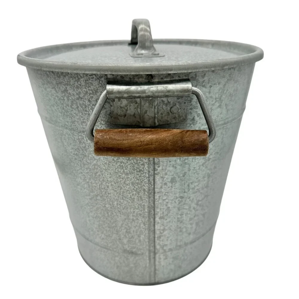 Galvanized Metal Ice Bucket With Lid Wood Accent Handles Handcrafted In Turkey